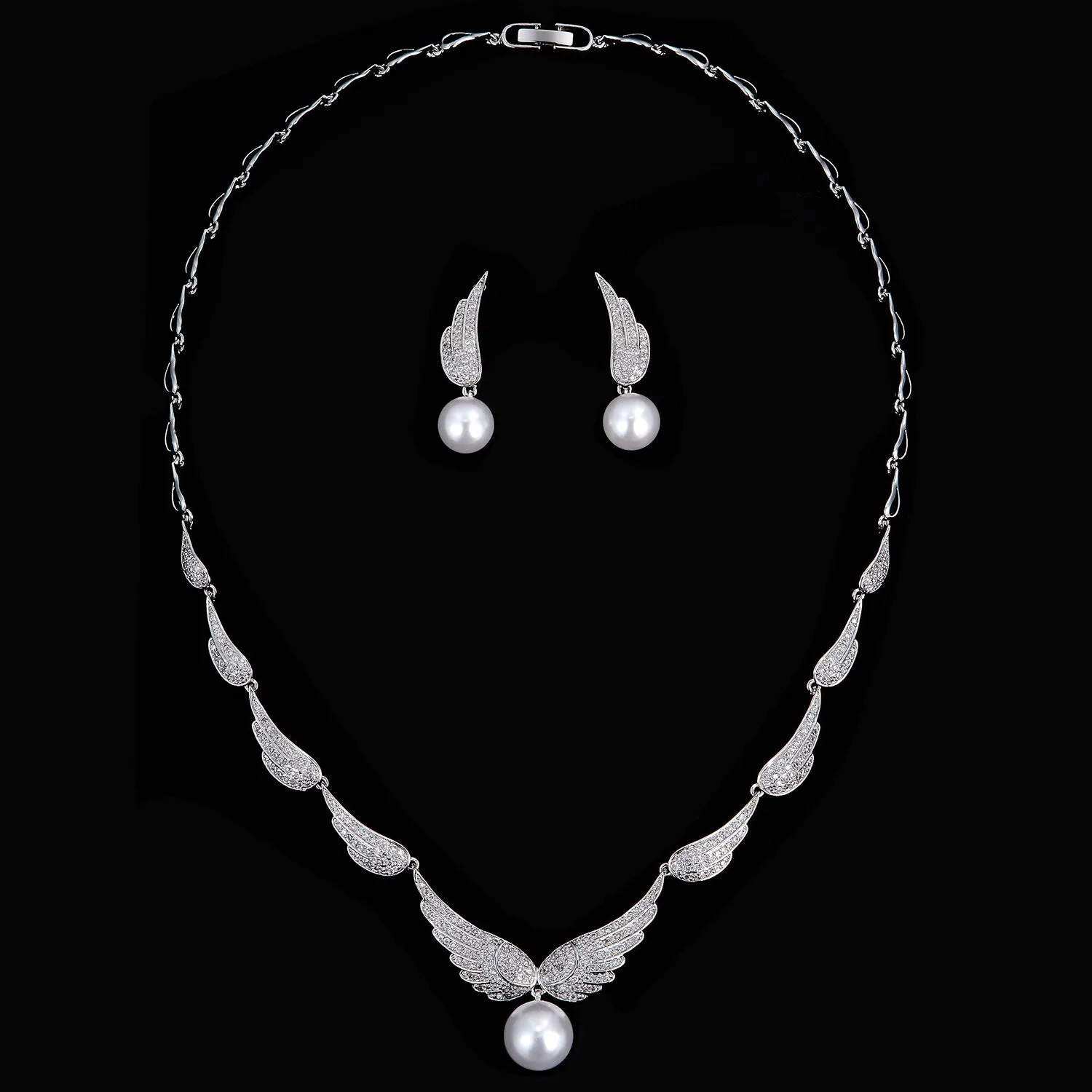 Cubic zirconia wings bride wedding pearl necklace earring set CN10251