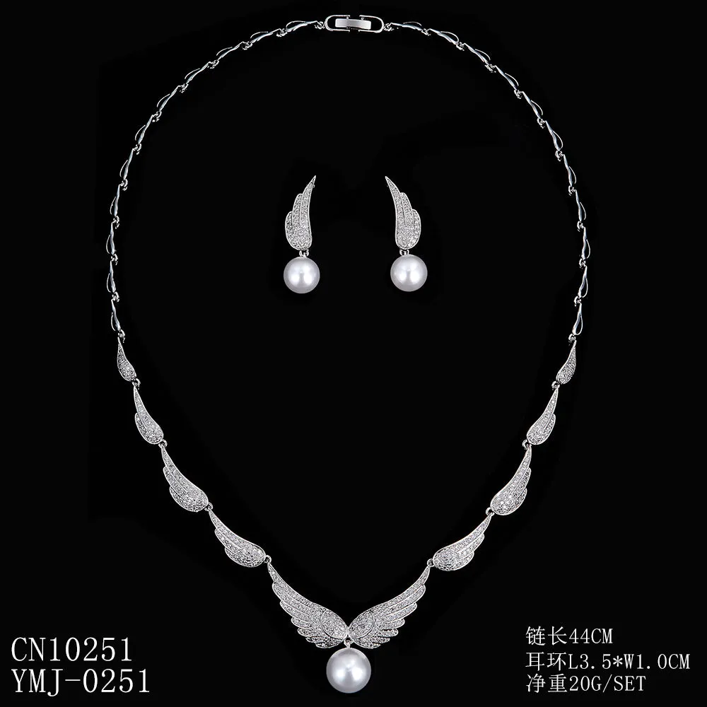 Cubic zirconia wings bride wedding pearl necklace earring set CN10251