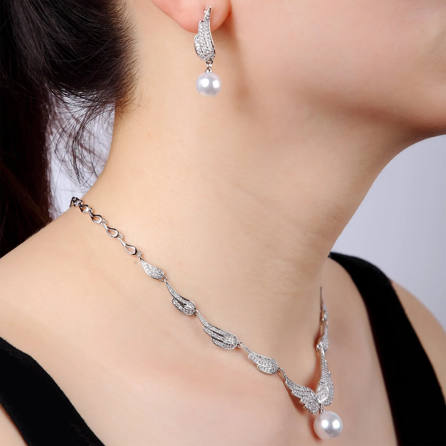 Cubic zirconia wings bride wedding pearl necklace earring set CN10251