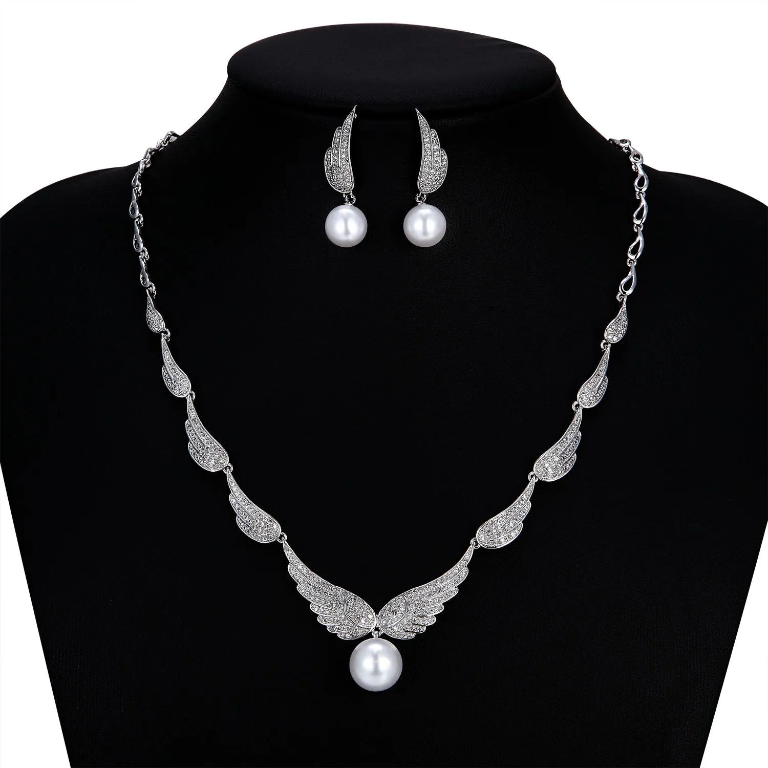 Cubic zirconia wings bride wedding pearl necklace earring set CN10251