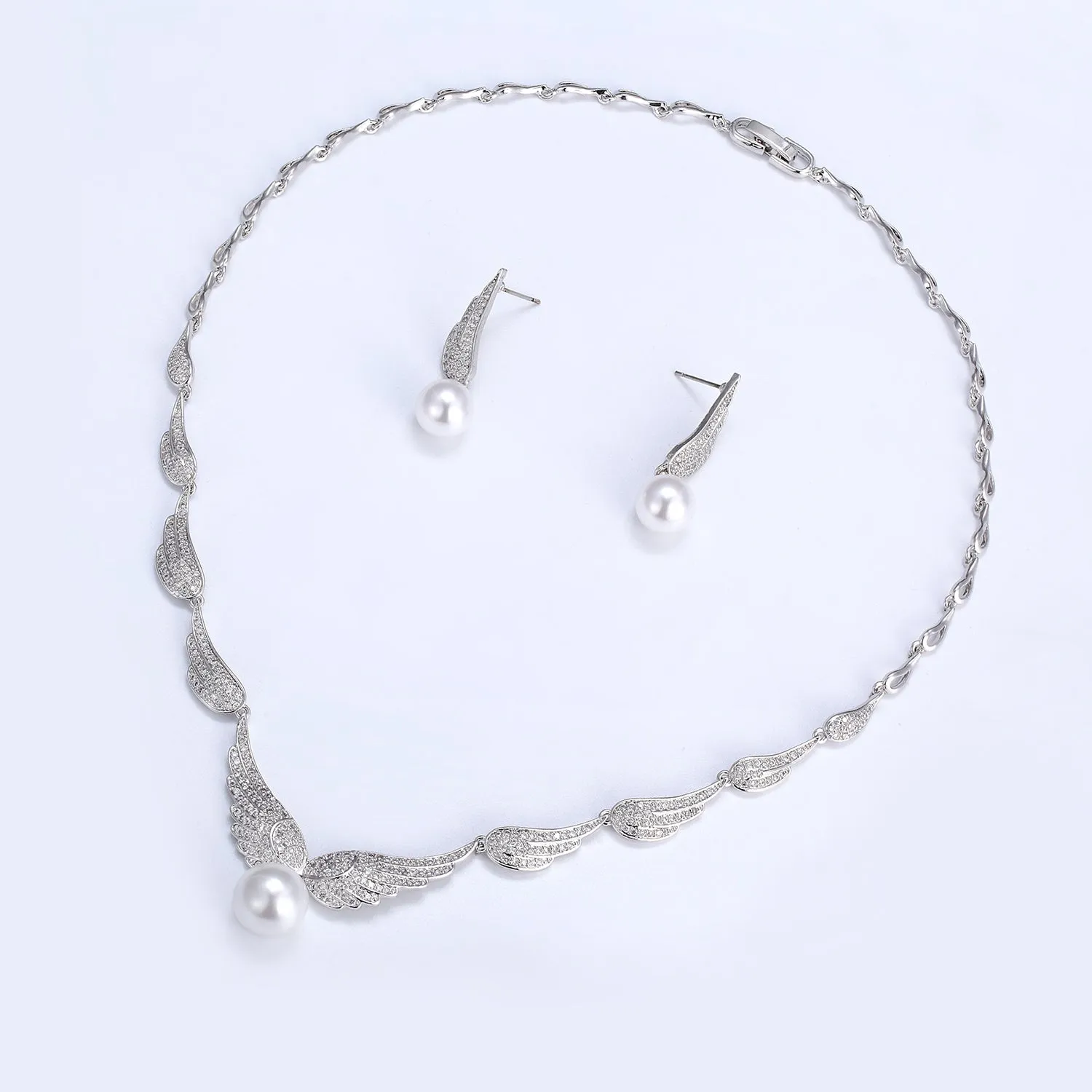 Cubic zirconia wings bride wedding pearl necklace earring set CN10251