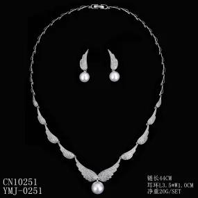 Cubic zirconia wings bride wedding pearl necklace earring set CN10251