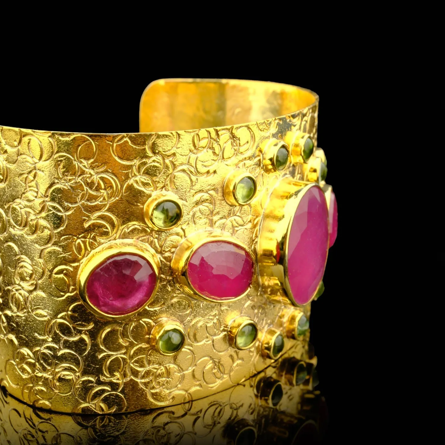 Custom Design Large Ruby and Peridot Natural Stone Silver Gold Bracelet (Cuff) SBC-034