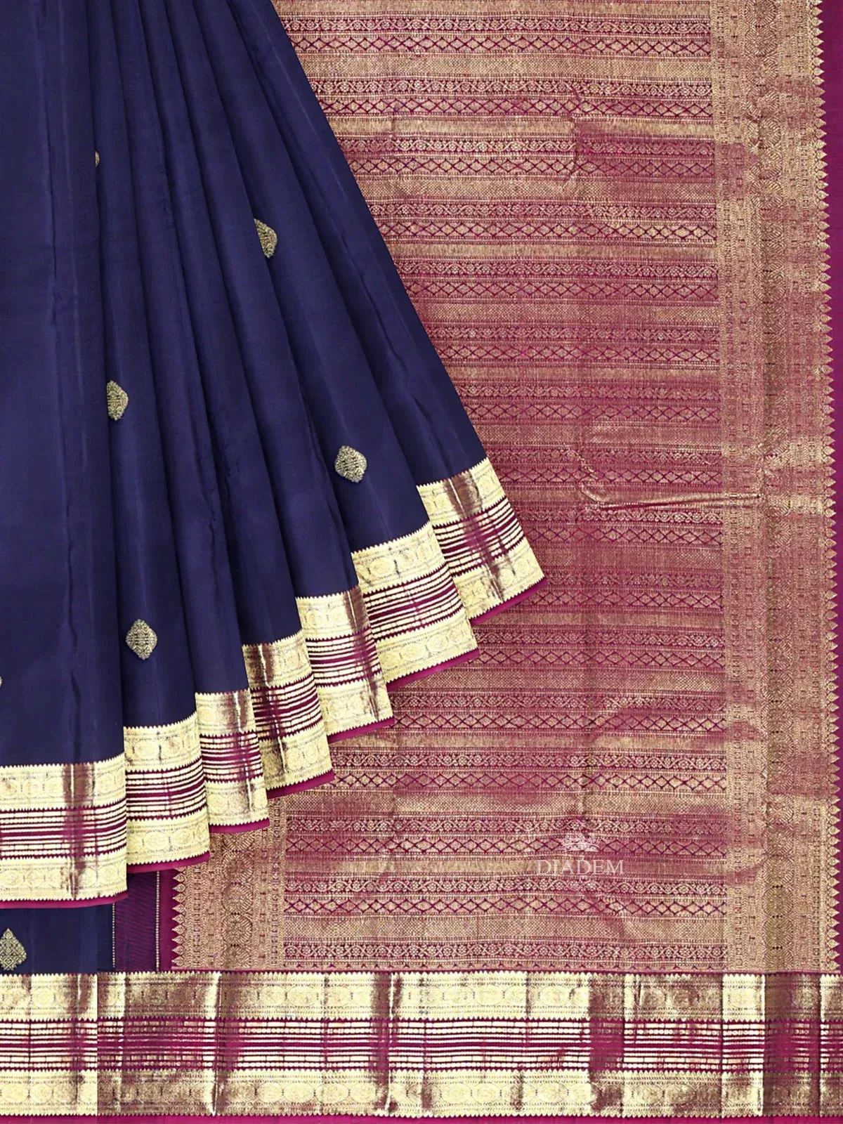 Dark Blue Pure Kanchipuram Silk Saree with Zari Butta on the Body and Zari Border