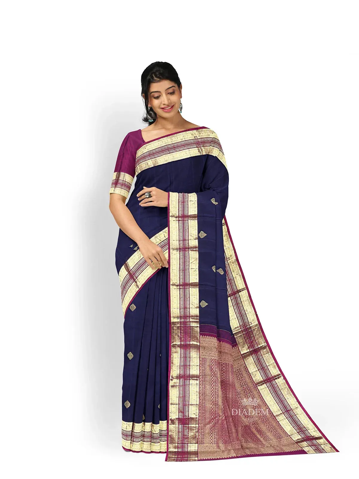 Dark Blue Pure Kanchipuram Silk Saree with Zari Butta on the Body and Zari Border