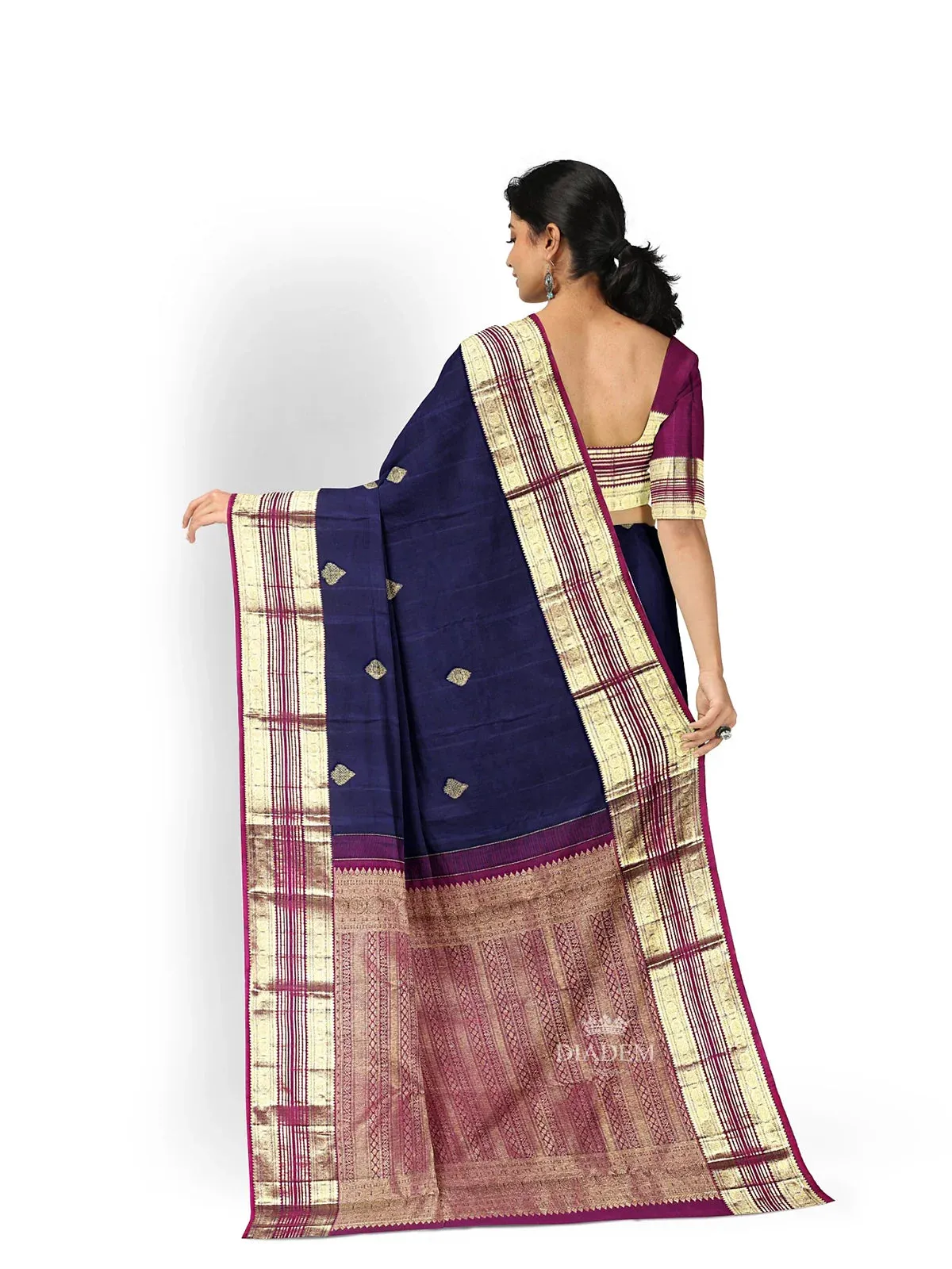 Dark Blue Pure Kanchipuram Silk Saree with Zari Butta on the Body and Zari Border