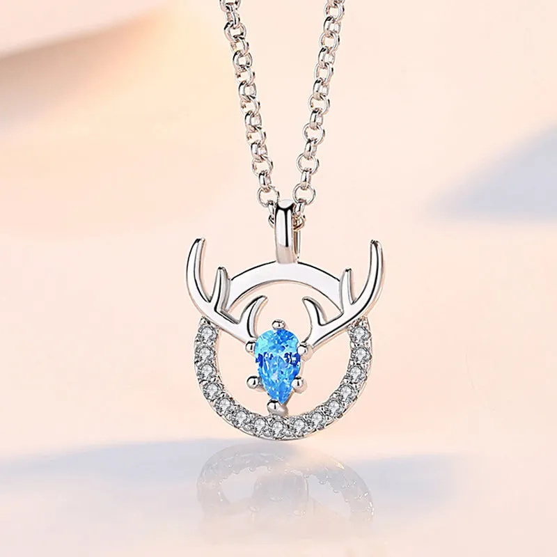 Deer with Zircon Circle Pendant Silver Necklace for Women