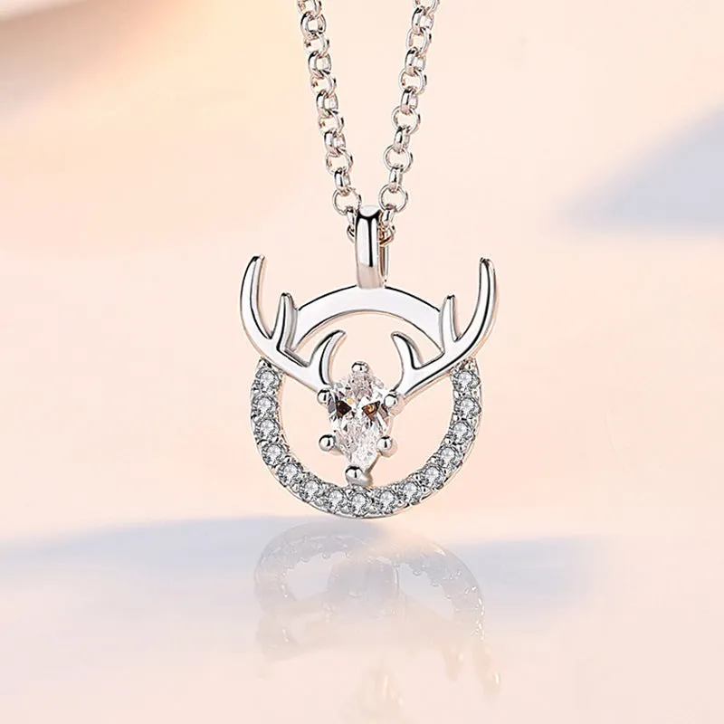 Deer with Zircon Circle Pendant Silver Necklace for Women