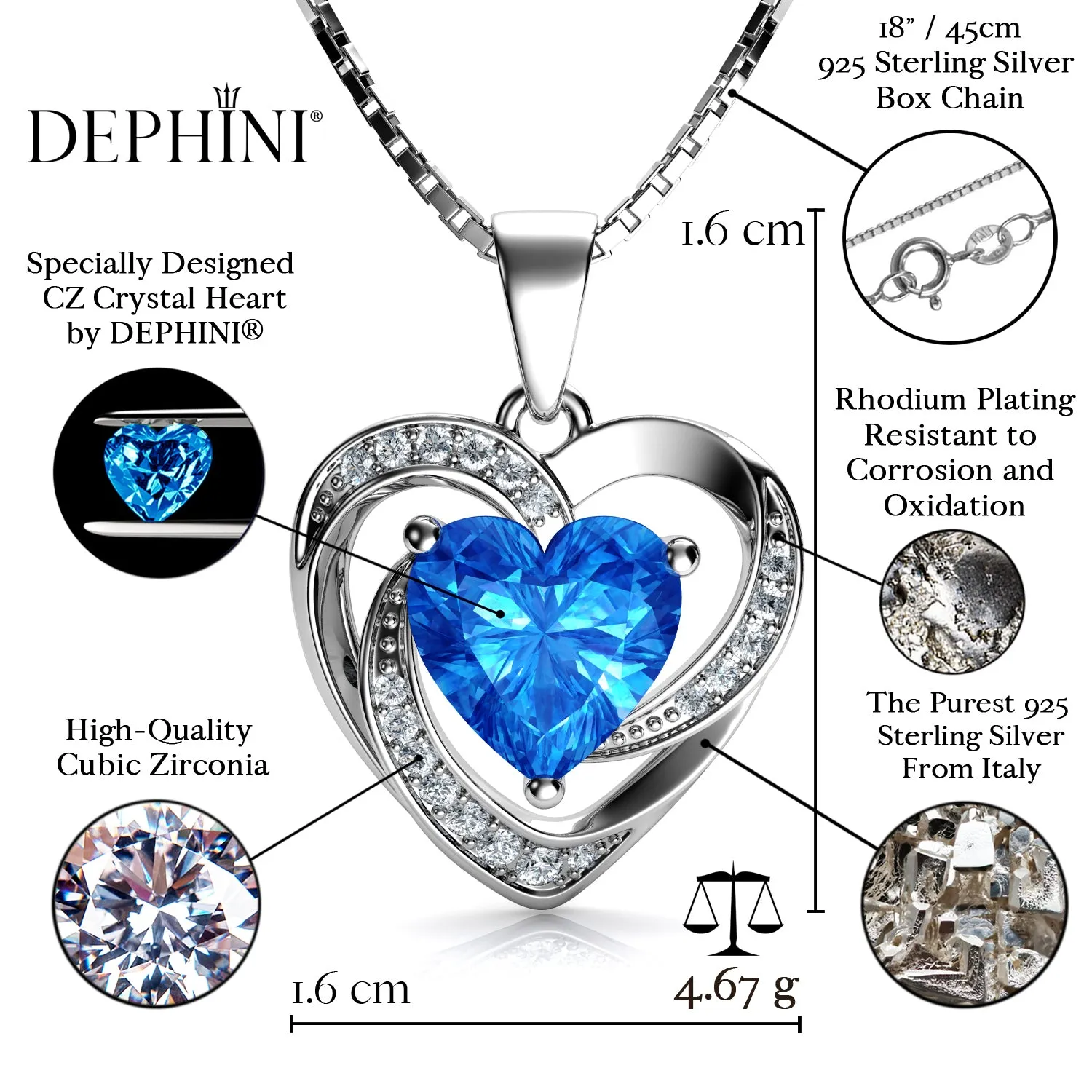 DEPHINI aquamarine heart necklace - 925 Sterling Silver CZ Crystal