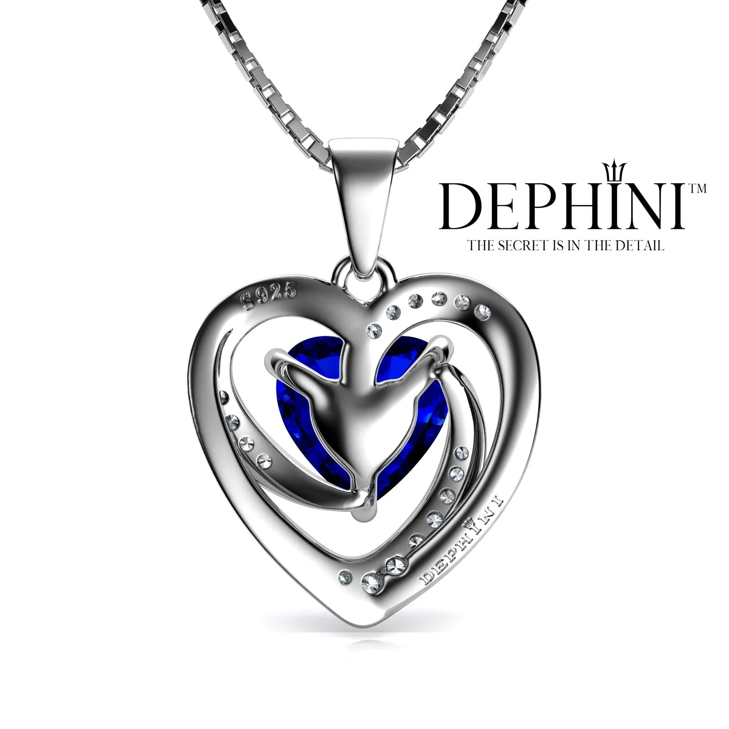 DEPHINI Blue Heart Necklace - 925 Sterling Silver Heart Pendant CZ