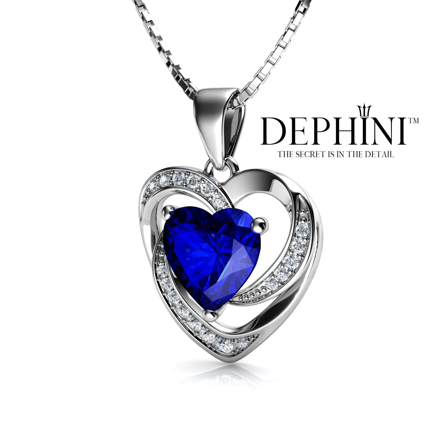 DEPHINI Blue Heart Necklace - 925 Sterling Silver Heart Pendant CZ