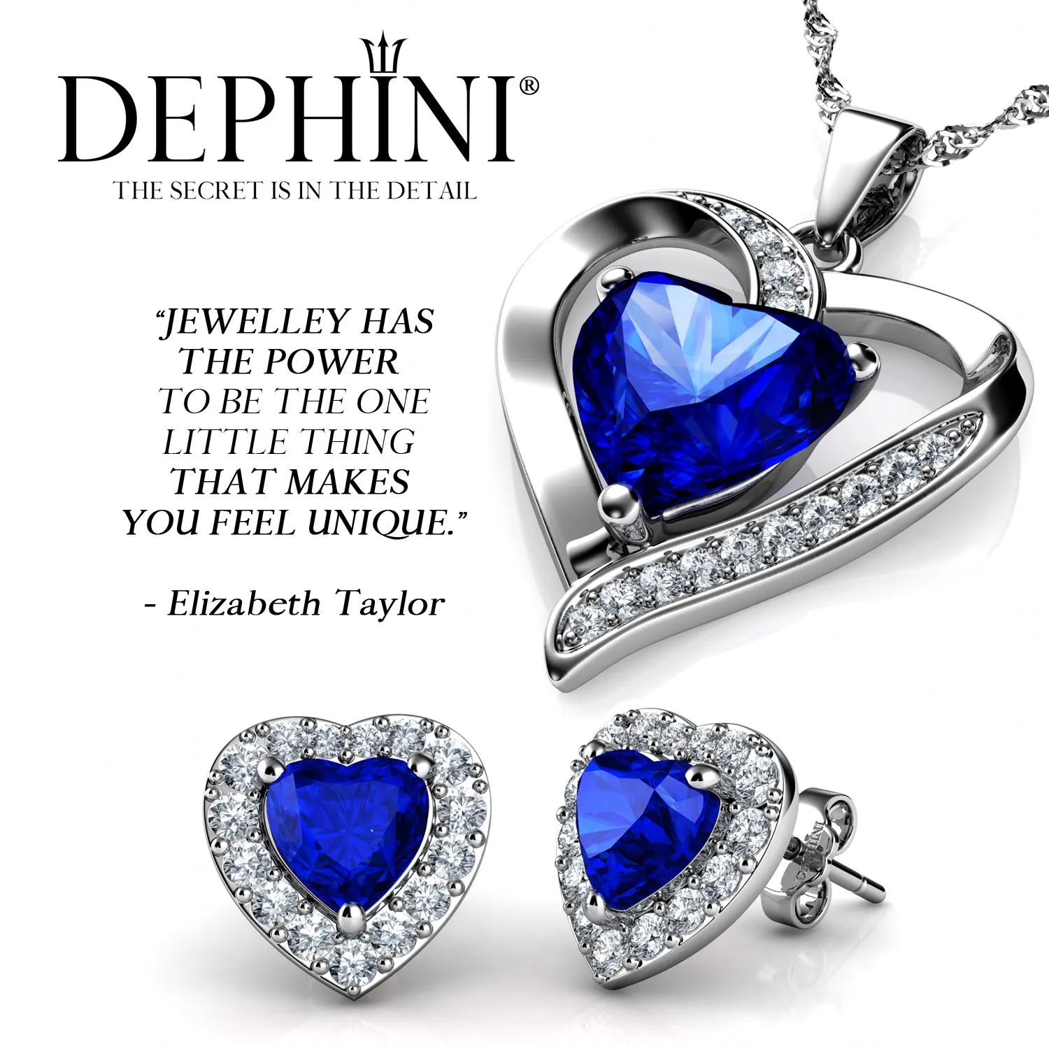 DEPHINI Blue Jewellery SET Heart Necklace & Heart Earrings Silver