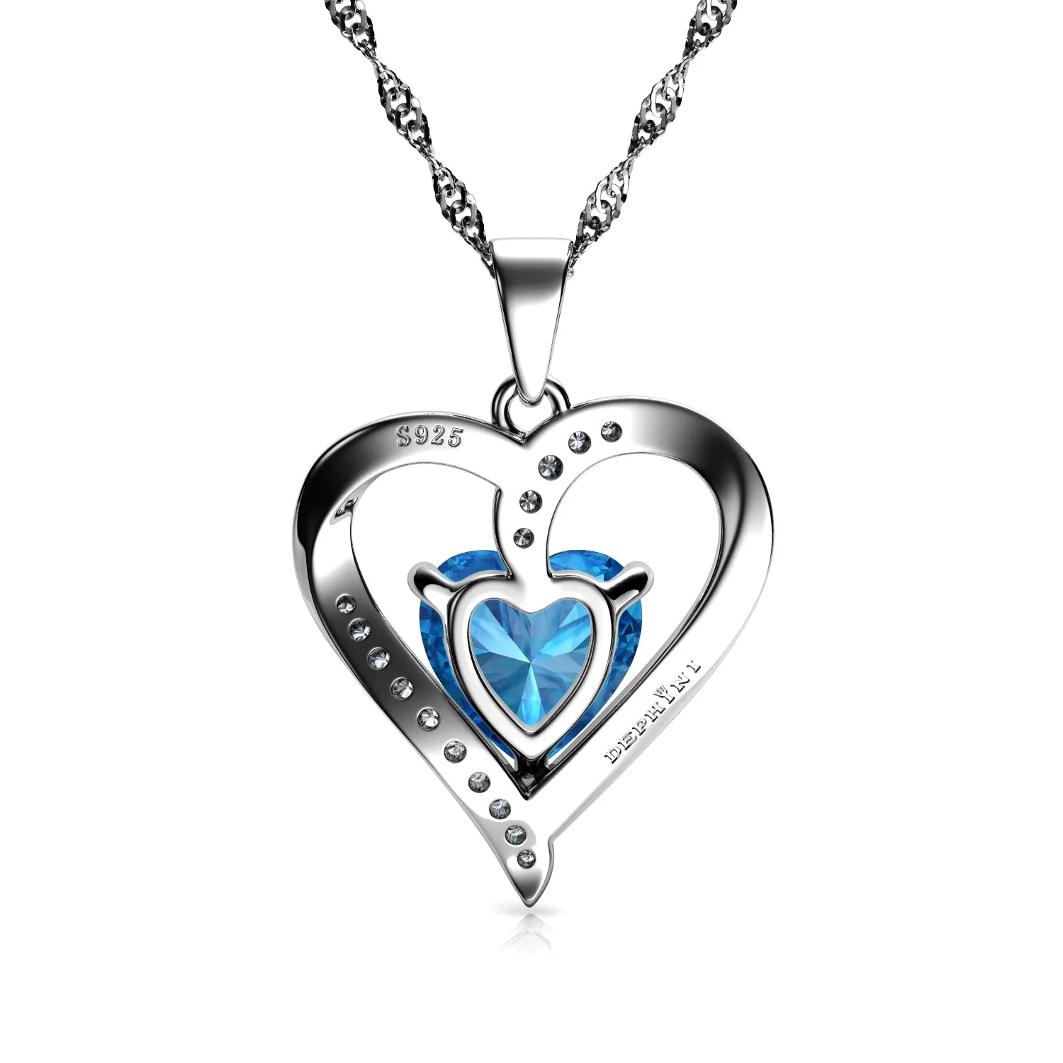 DEPHINI Engagement Necklace - 925 Sterling Silver Aqua Heart Crystal