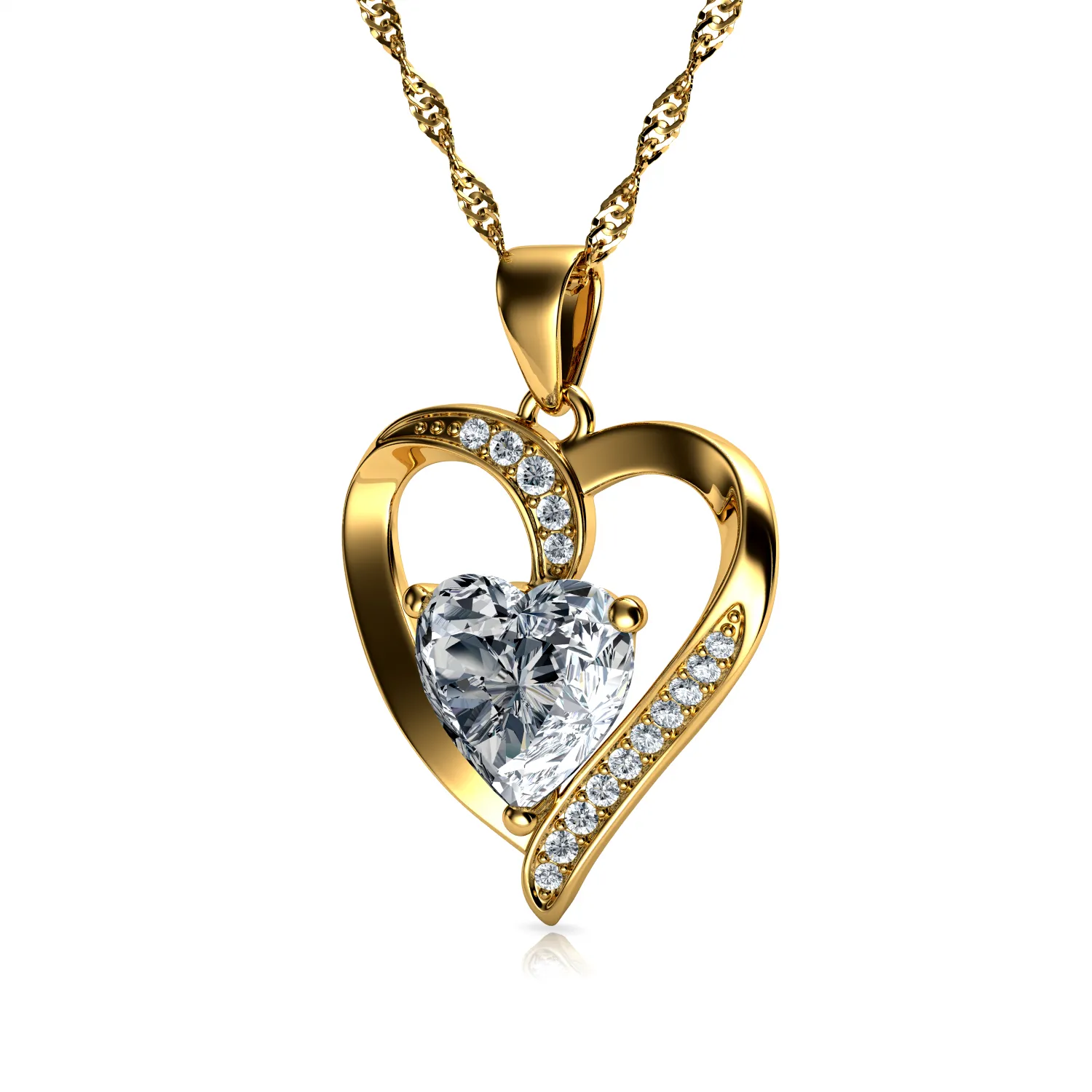 DEPHINI Gold Heart Pendant 18ct Yellow Cubic Zirconia Crystal Necklace