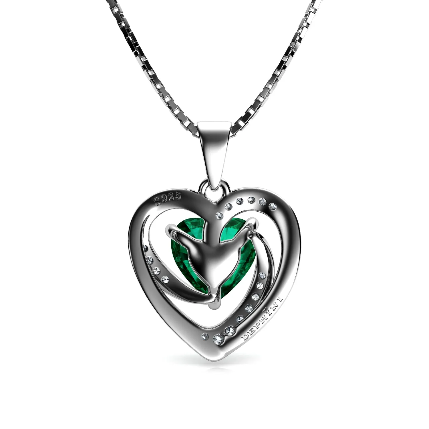 DEPHINI Green Heart Necklace - 925 Sterling Silver Pendant CZ Crystal