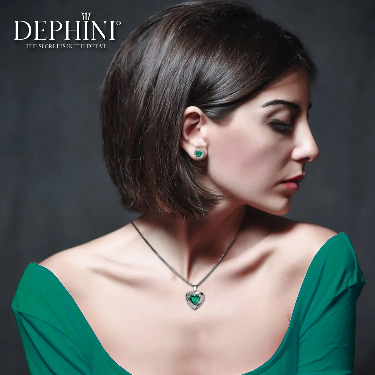 DEPHINI Green jewellery set Heart Earrings & Necklace Sterling Silver