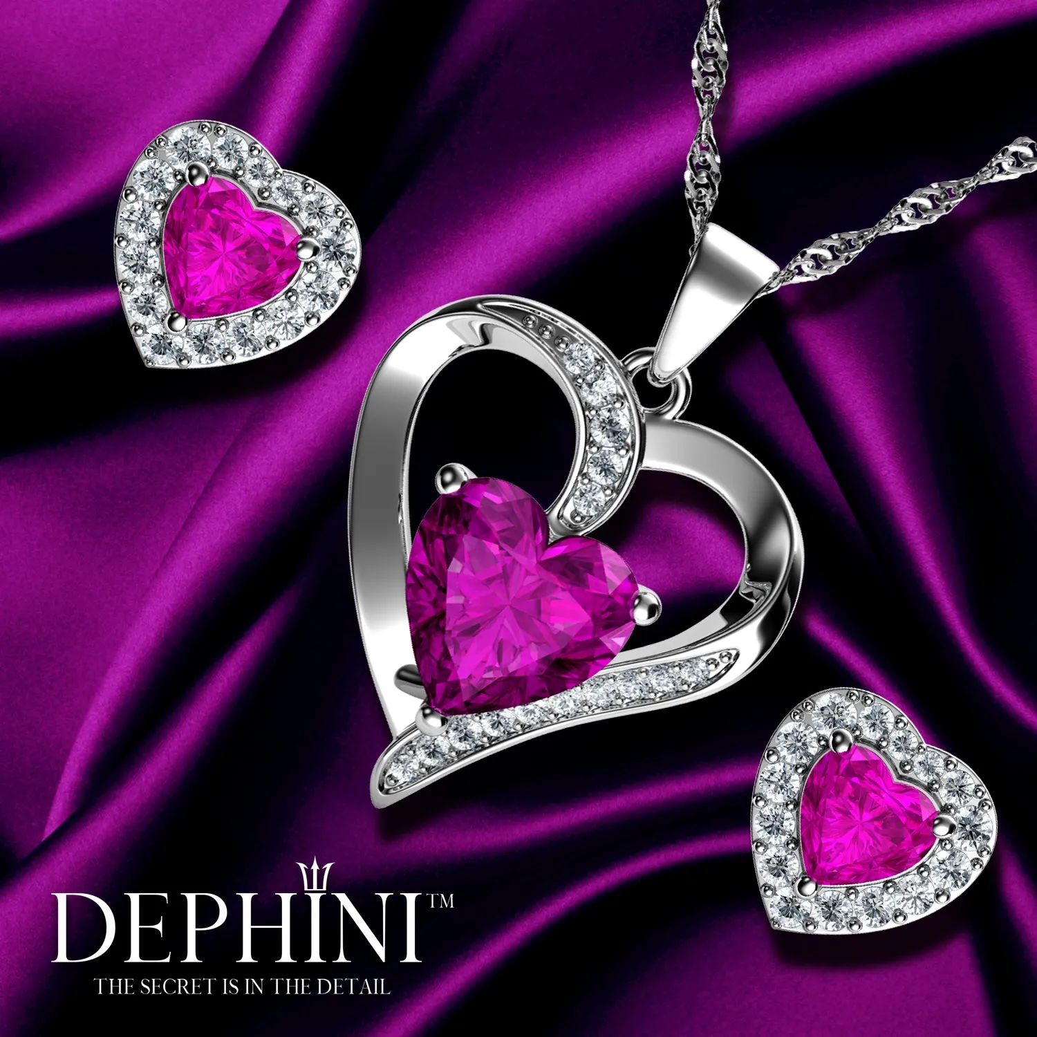 DEPHINI Pink Jewellery SET Red Heart Necklace & Heart Earrings Silver