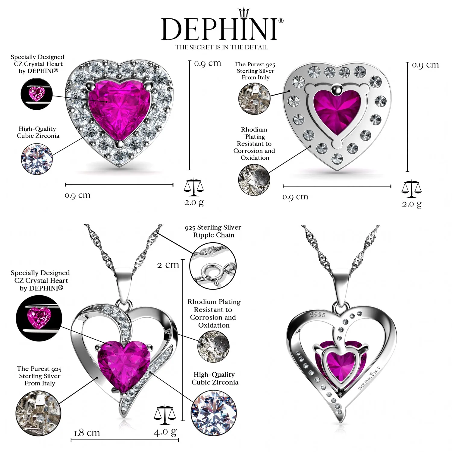 DEPHINI Pink Jewellery SET Red Heart Necklace & Heart Earrings Silver