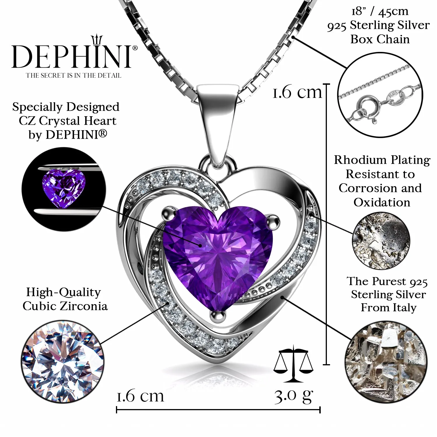 DEPHINI Purple Heart Pendant 925 Sterling Silver Heart Pendant CZ