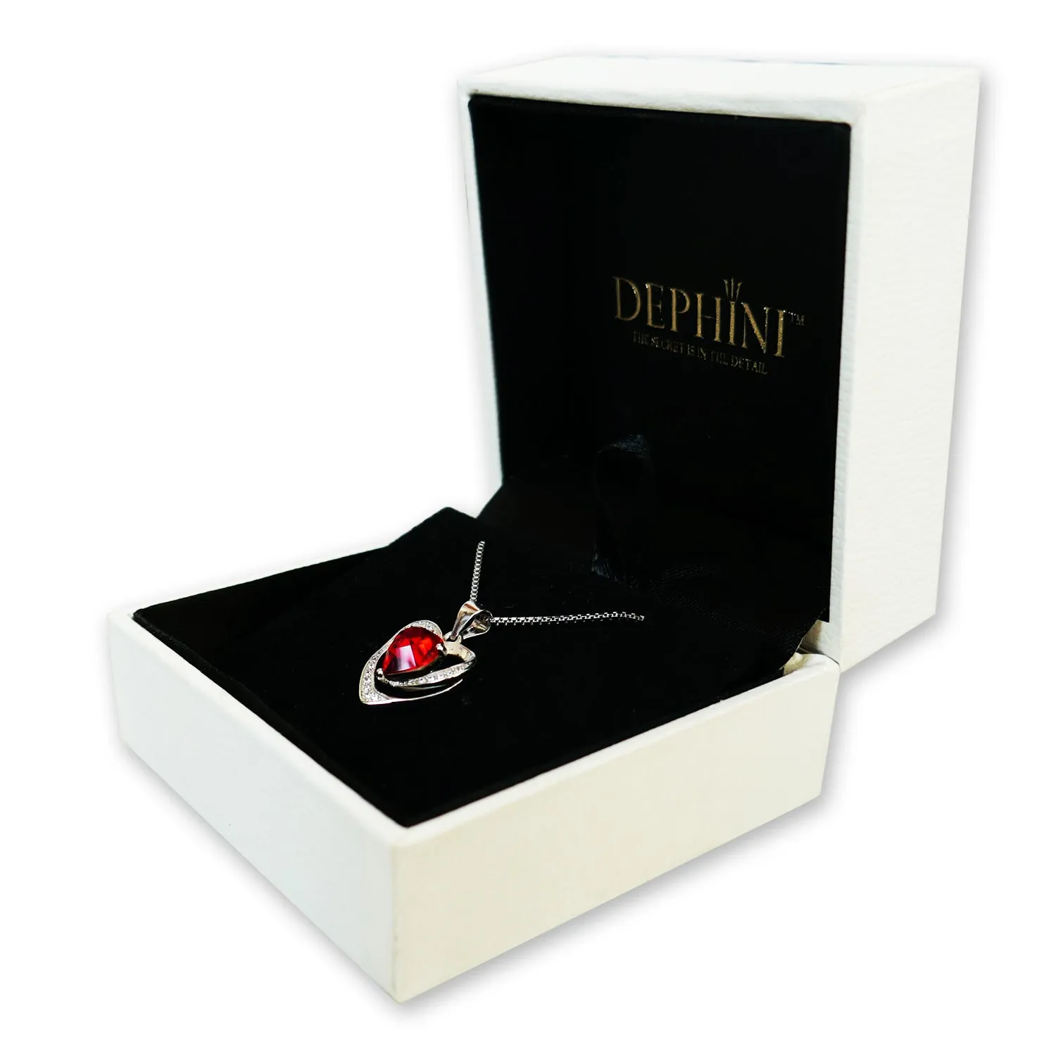 DEPHINI Red Heart Necklace 925 Sterling Silver CZ Pendant Red Crystal