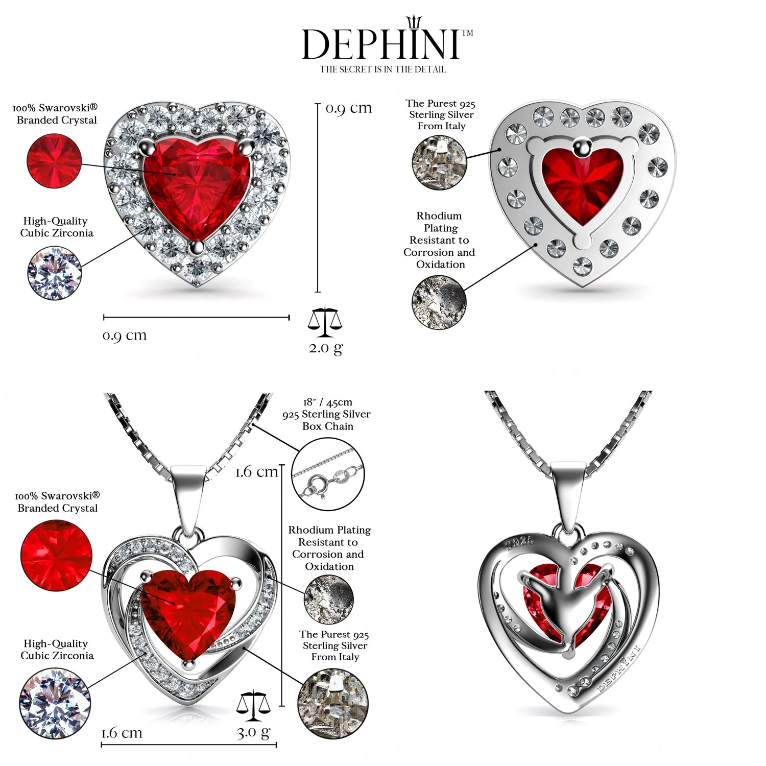 DEPHINI Red Heart Necklace & Heart Earrings Silver - Red Jewellery SET