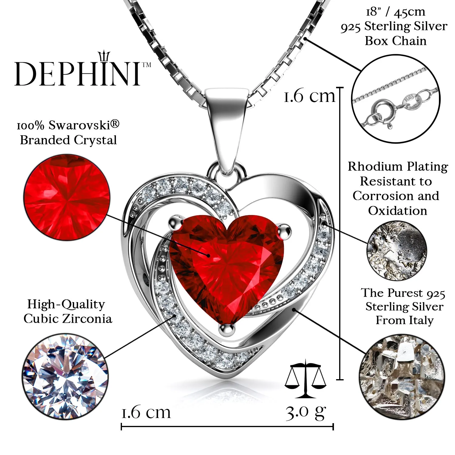 DEPHINI Red Heart Necklace & Heart Earrings Silver - Red Jewellery SET