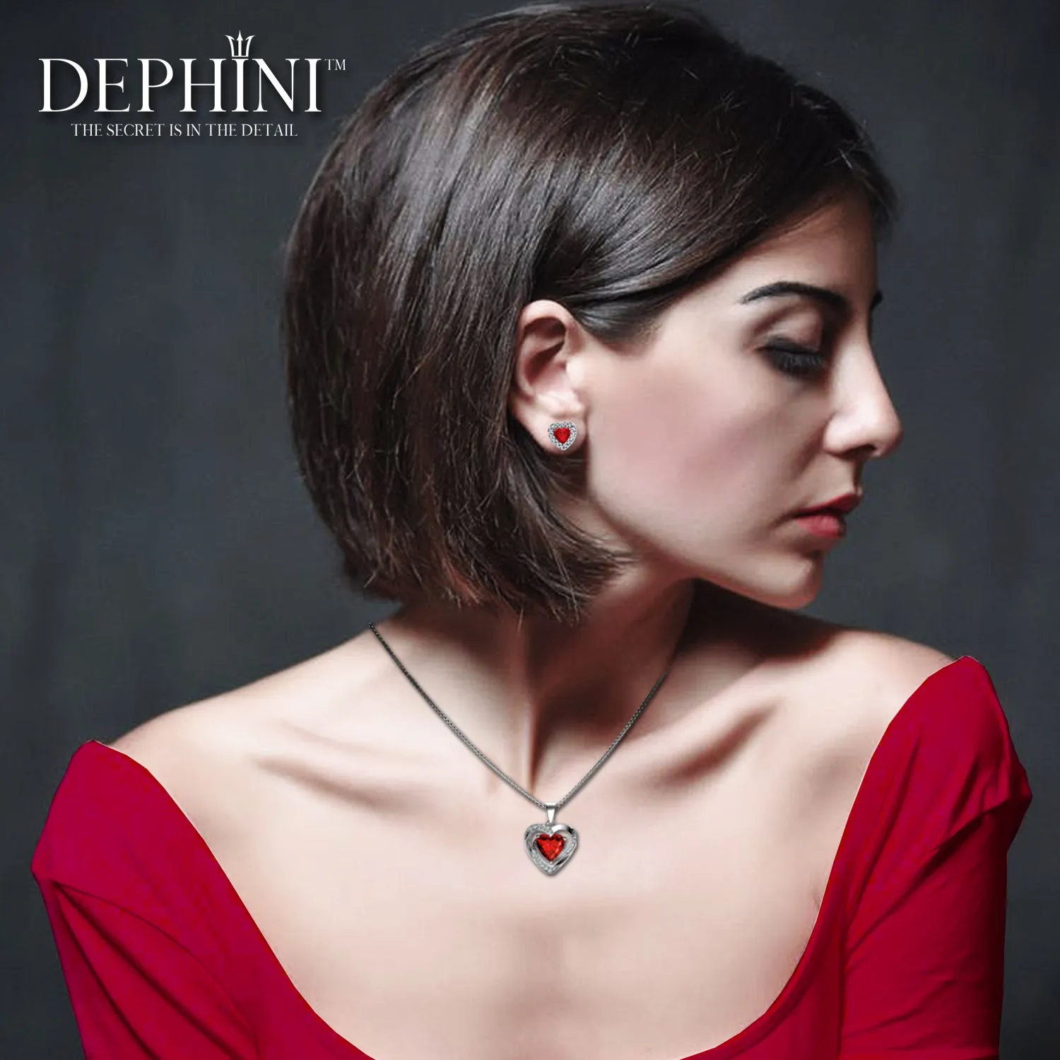 DEPHINI Red Heart Necklace & Heart Earrings Silver - Red Jewellery SET