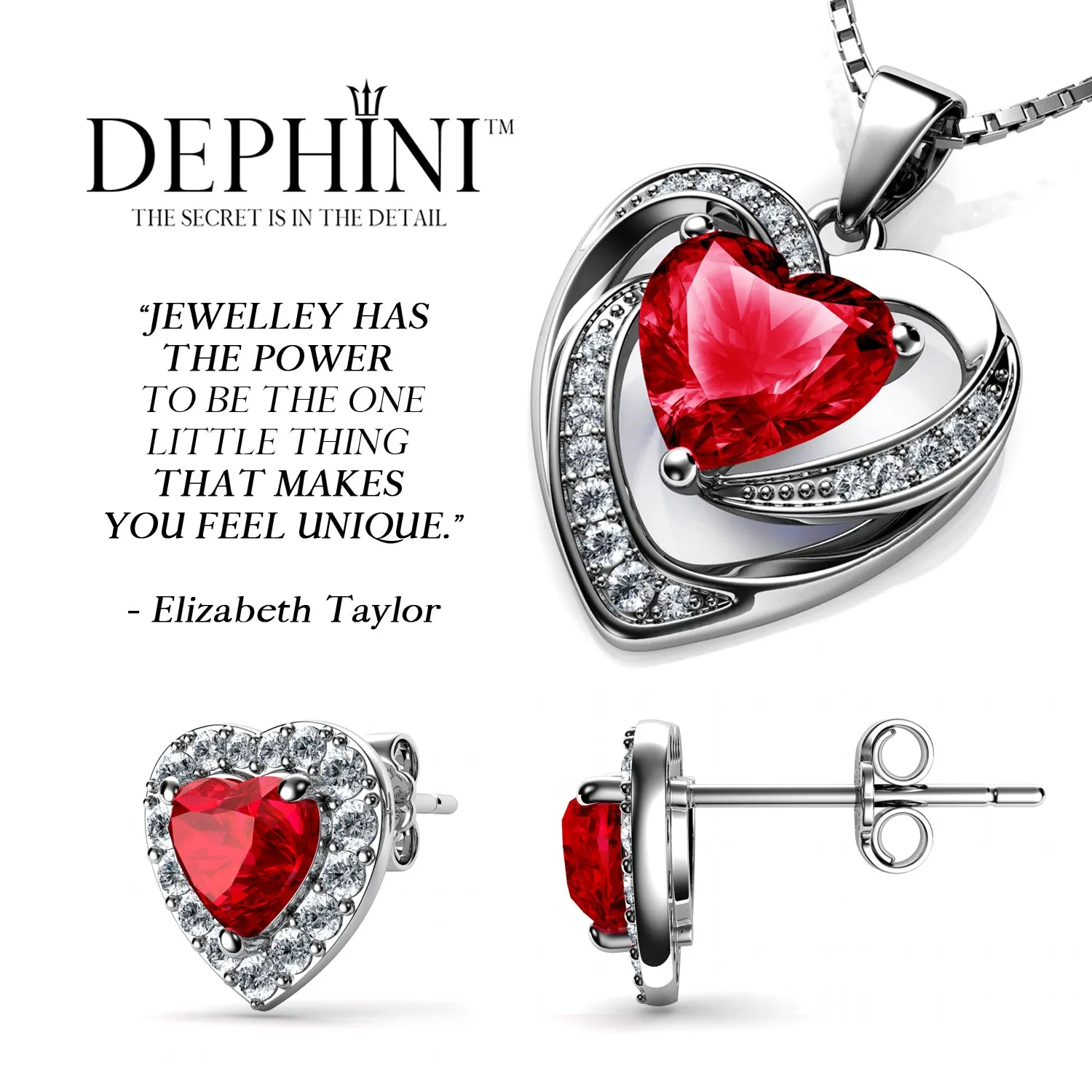 DEPHINI Red Heart Necklace & Heart Earrings Silver - Red Jewellery SET