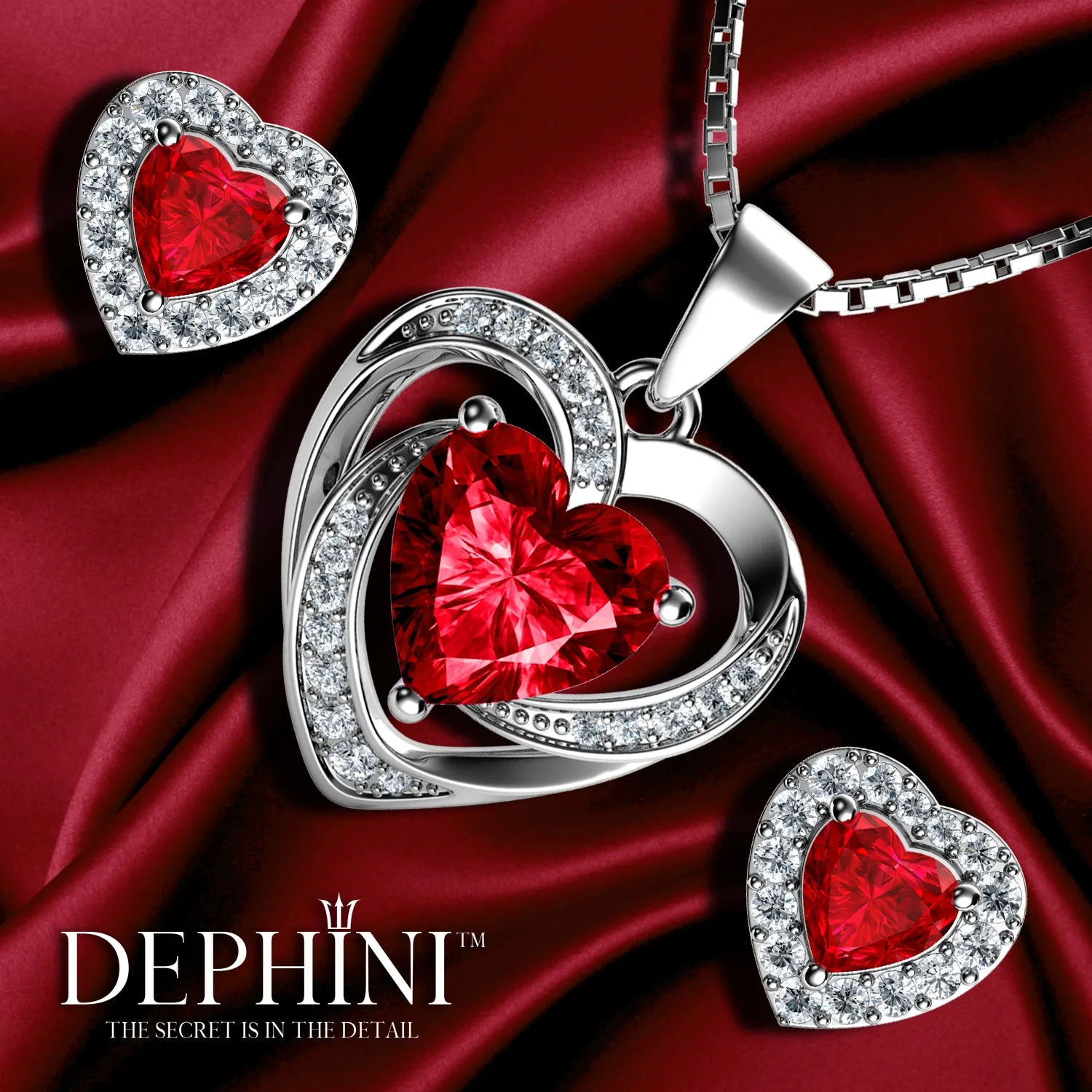 DEPHINI Red Heart Necklace & Heart Earrings Silver - Red Jewellery SET