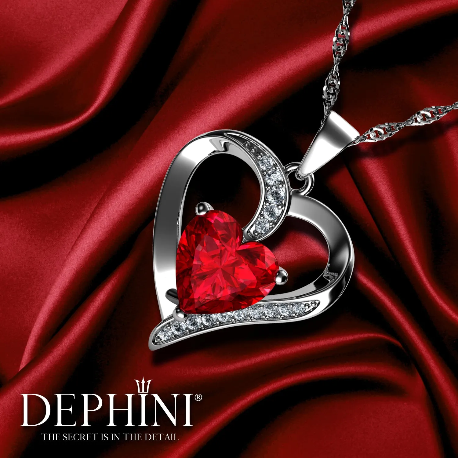 DEPHINI Red Heart Pendant 925 Sterling Silver Heart Pendant CZ