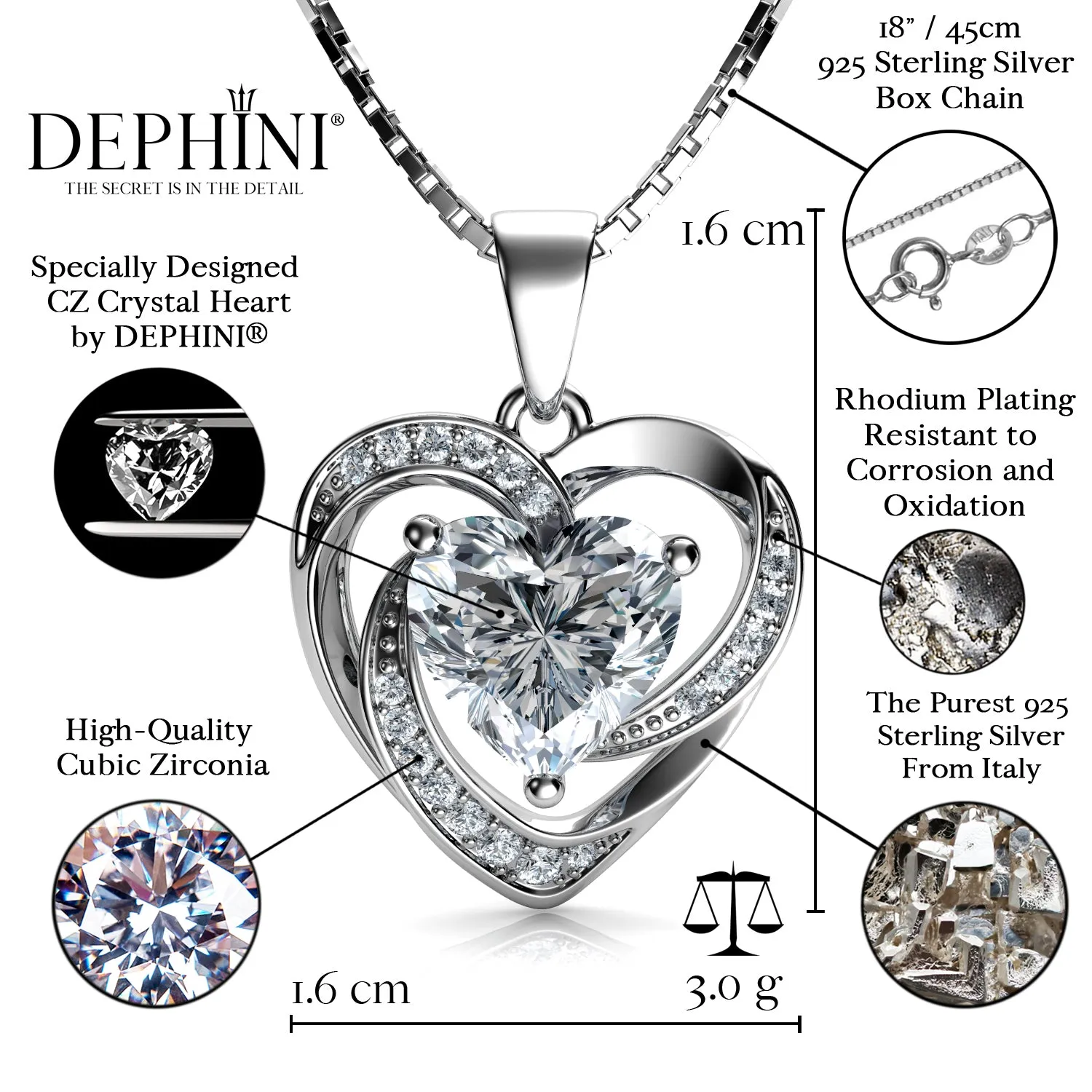 DEPHINI White Heart Necklace - 925 Sterling Silver Pendant CZ Crystal