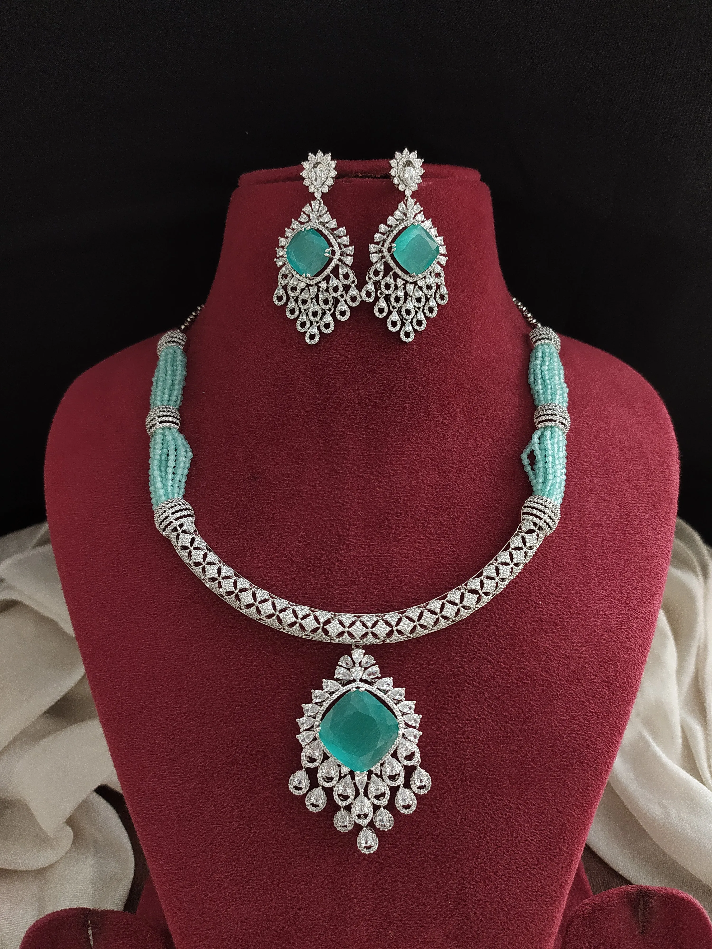 Designer Rhodium Finish Zircon Hasli Necklace Set with Beads