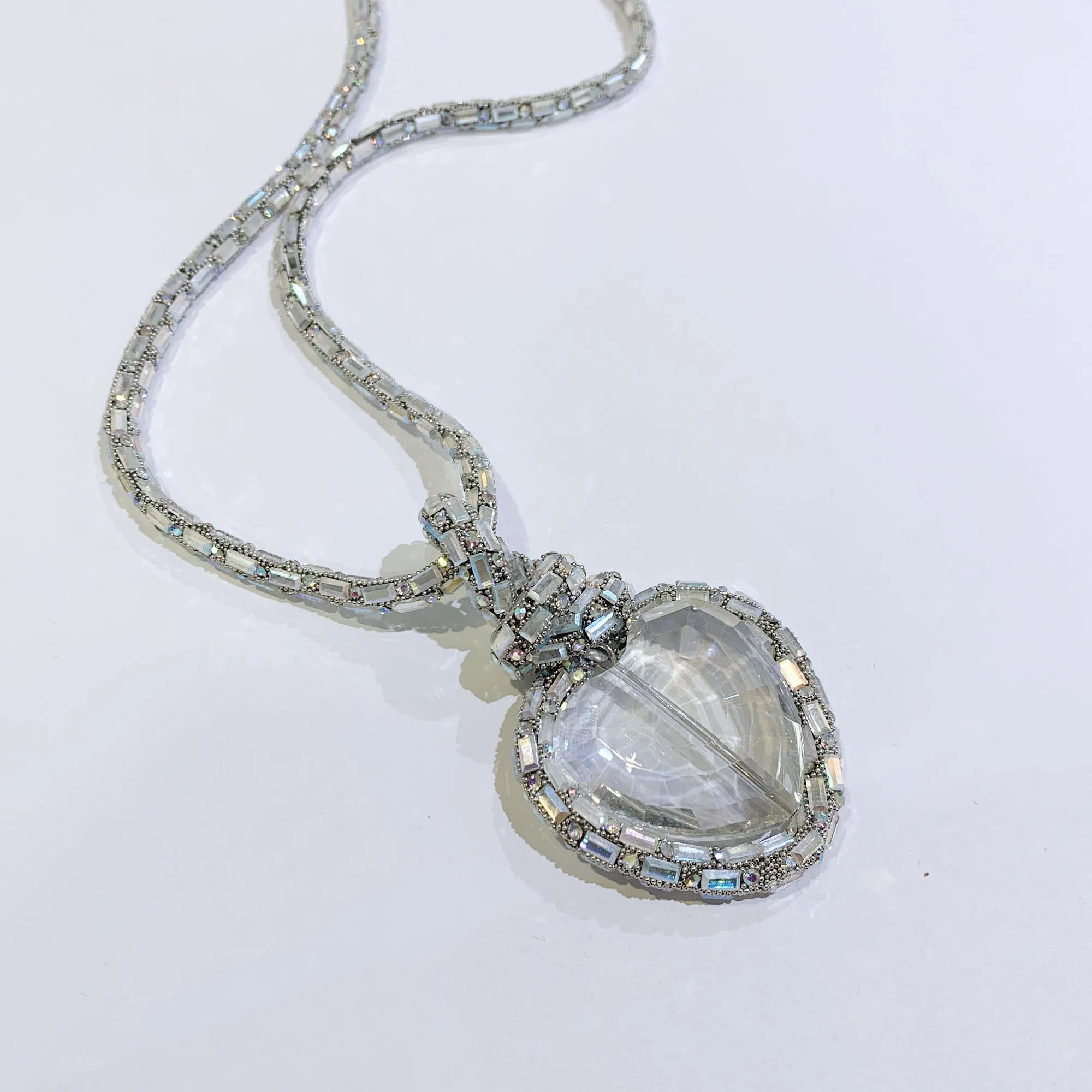 DIAMANTE AND BAGUETTE GEM CHAIN AND CRYSTAL HEART NECKLACE