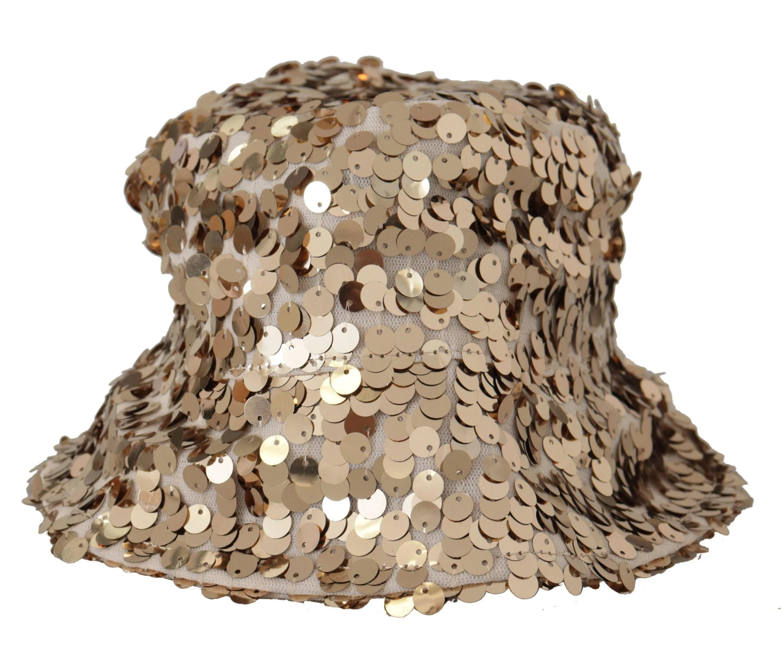 Dolce & Gabbana Gold Silk Sequin Embellished Designer Brim Bucket Hat