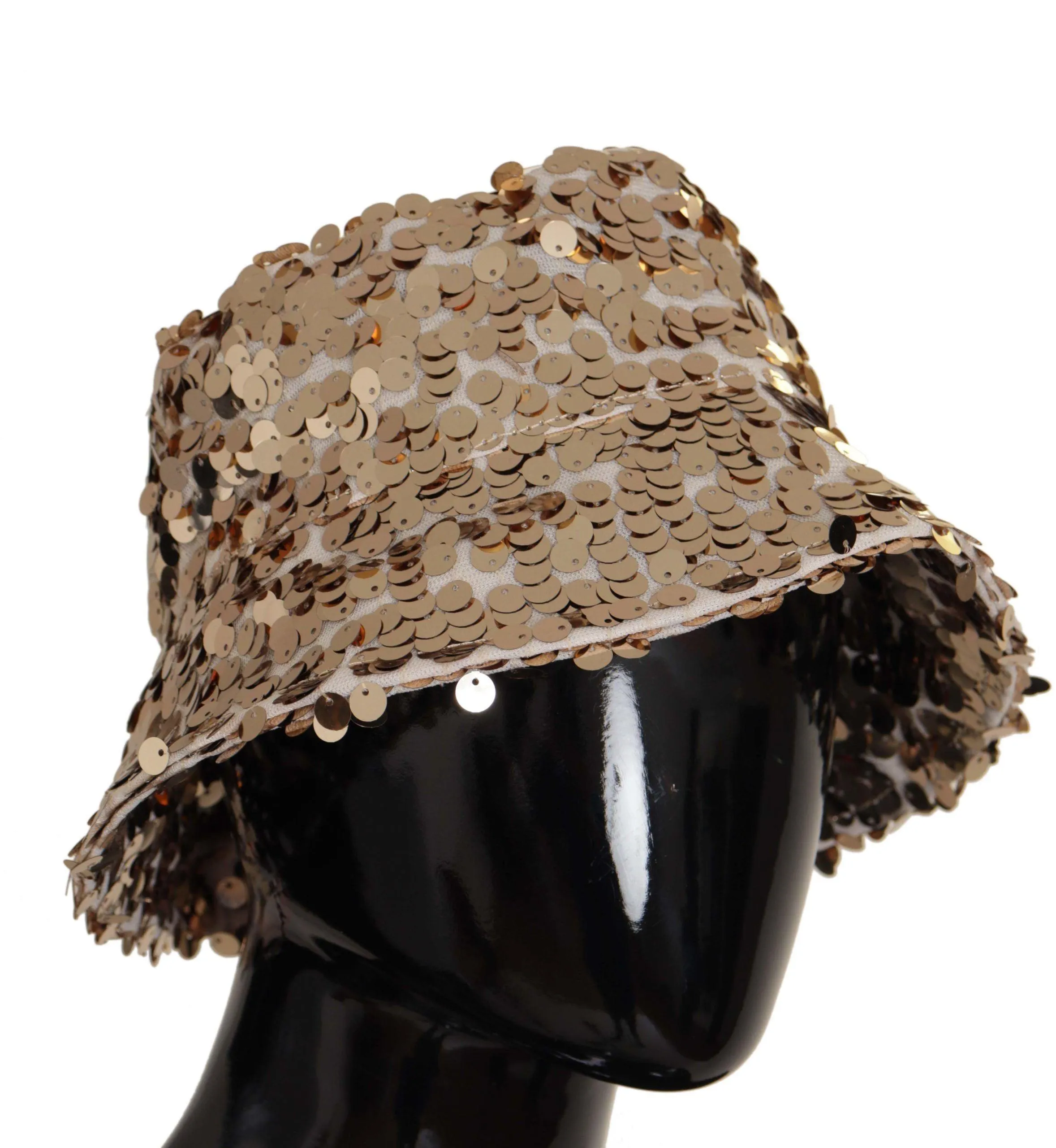 Dolce & Gabbana Gold Silk Sequin Embellished Designer Brim Bucket Hat