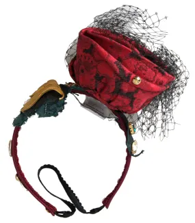 Dolce & Gabbana Red with multicolor Rose Silk Crystal Netted Logo Diadem Headband