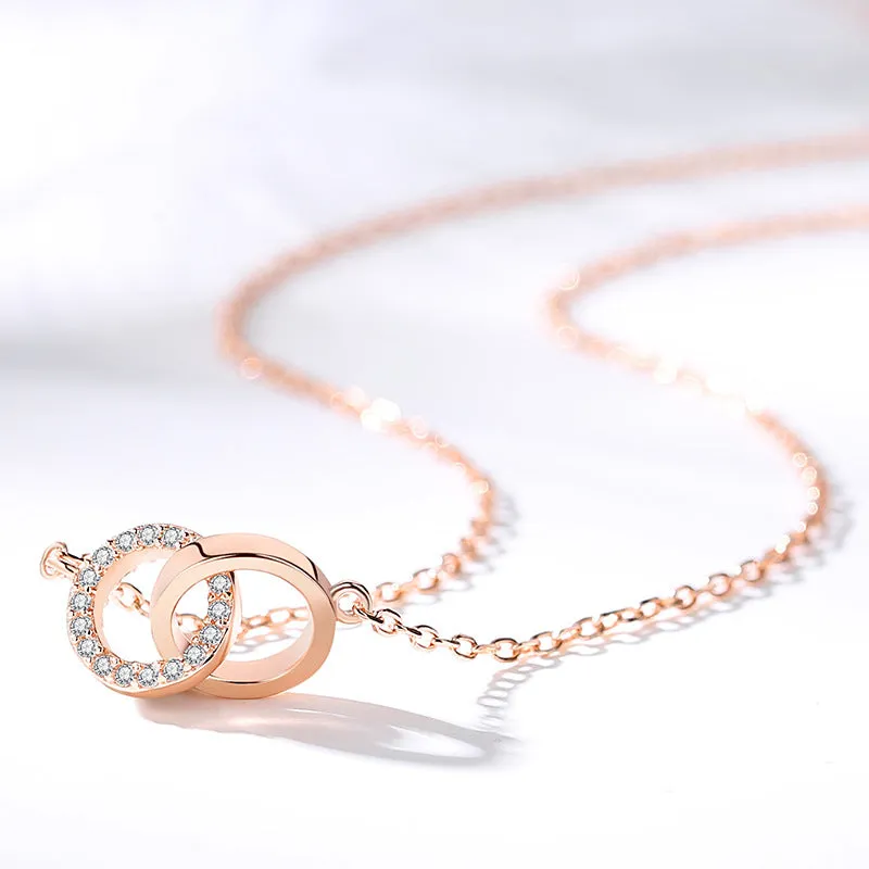 Double Circle Buckle with Zircon Pendant Silver Necklace for Women