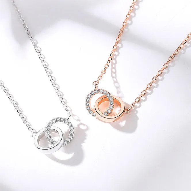 Double Circle Buckle with Zircon Pendant Silver Necklace for Women