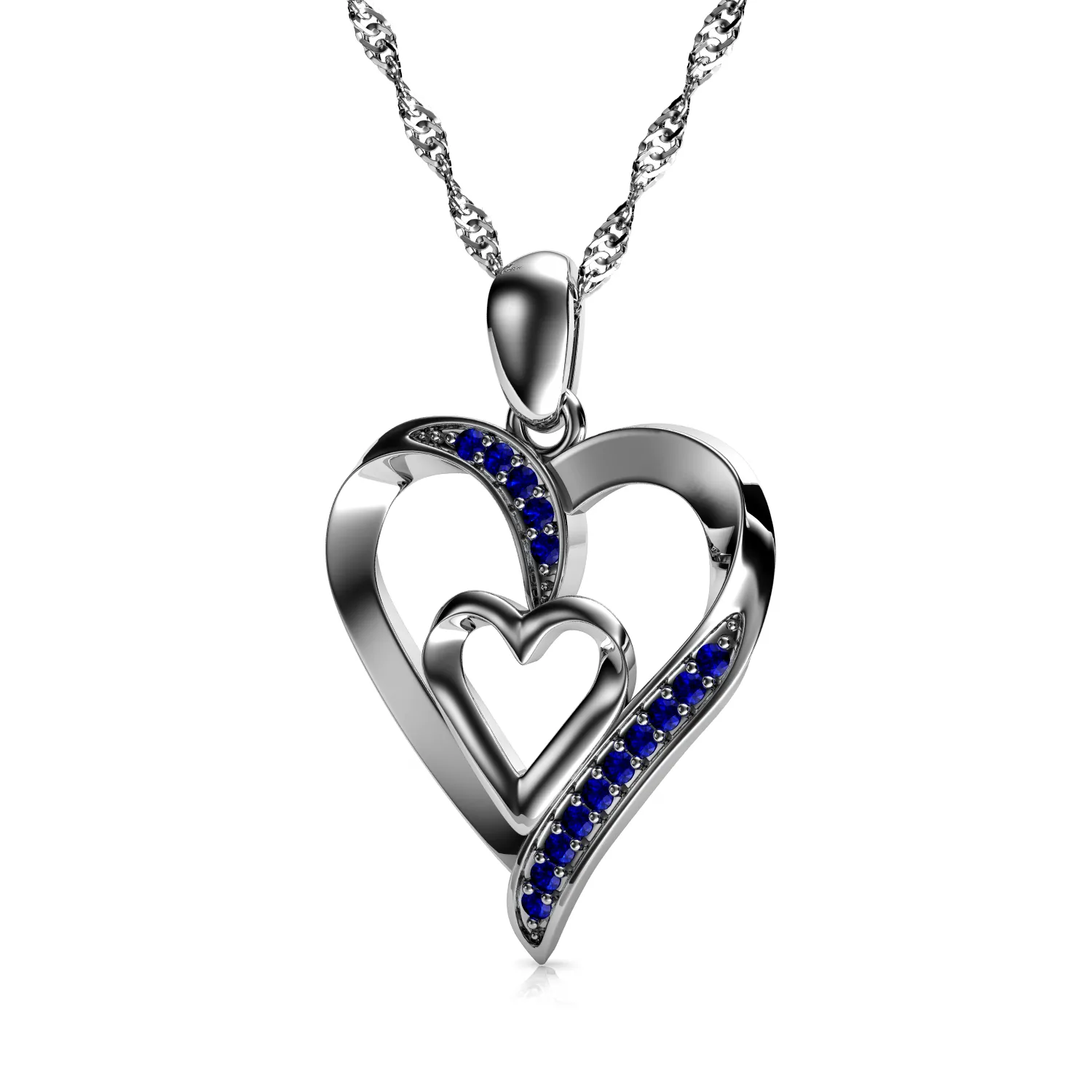 Double Heart Necklace 925 Sterling Silver Jewellery Dephini Blue CZ