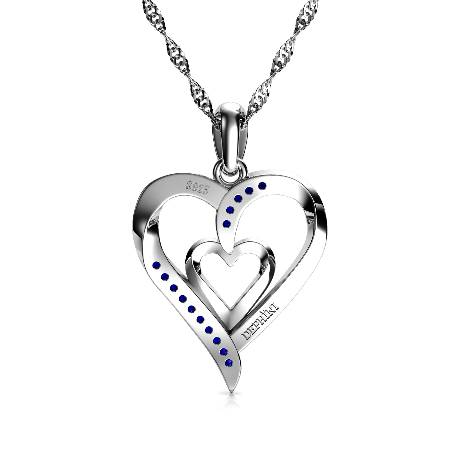 Double Heart Necklace 925 Sterling Silver Jewellery Dephini Blue CZ