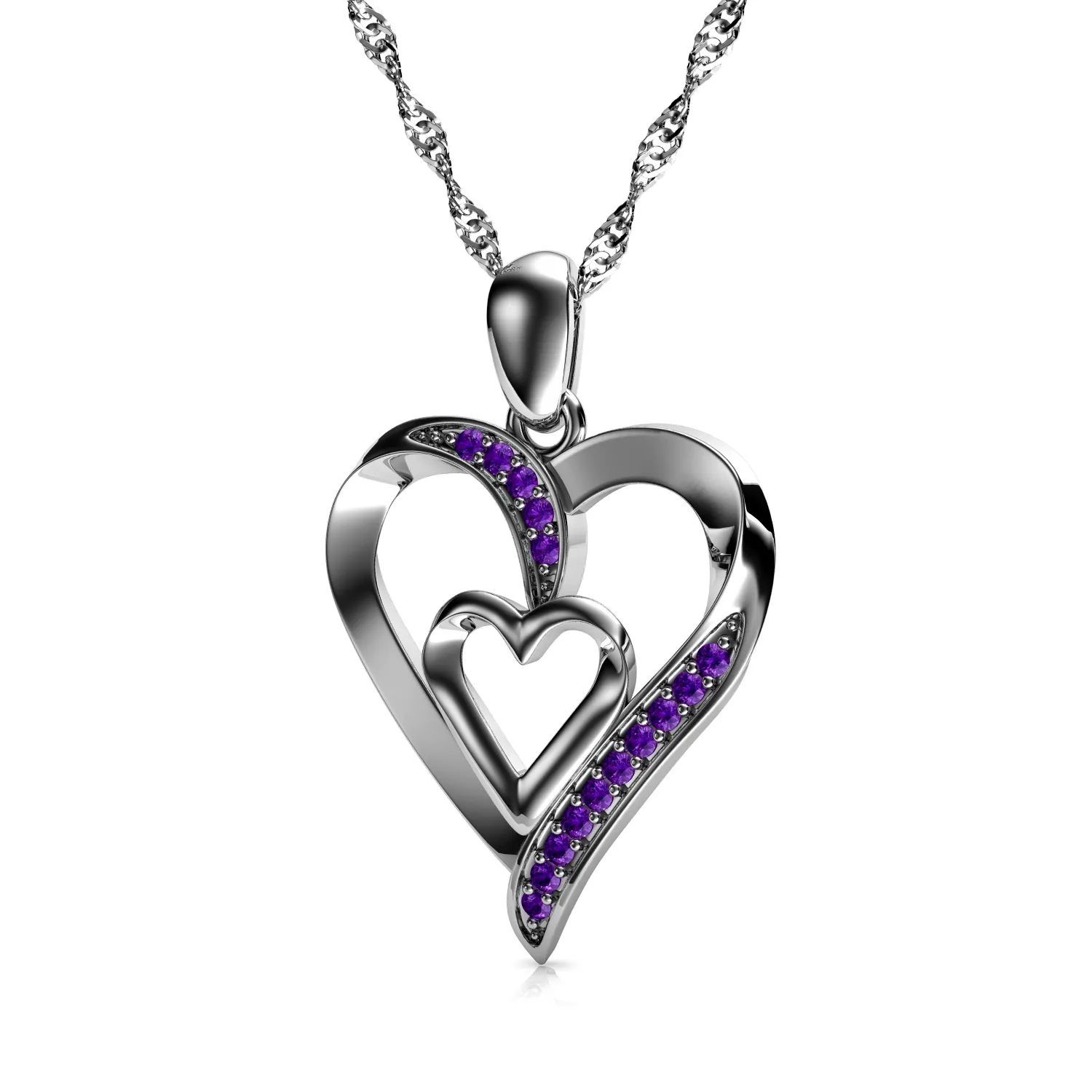 Double Heart Necklace 925 Sterling Silver Jewellery Dephini Purple CZ