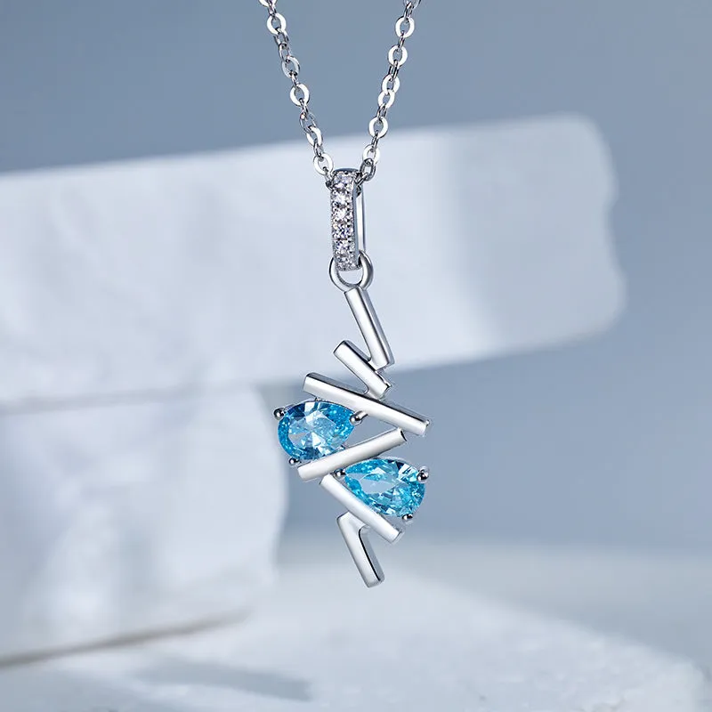 Double Pear Shape Sea Blue Zircon Geometric Line Pendant Sterling Silver Necklace