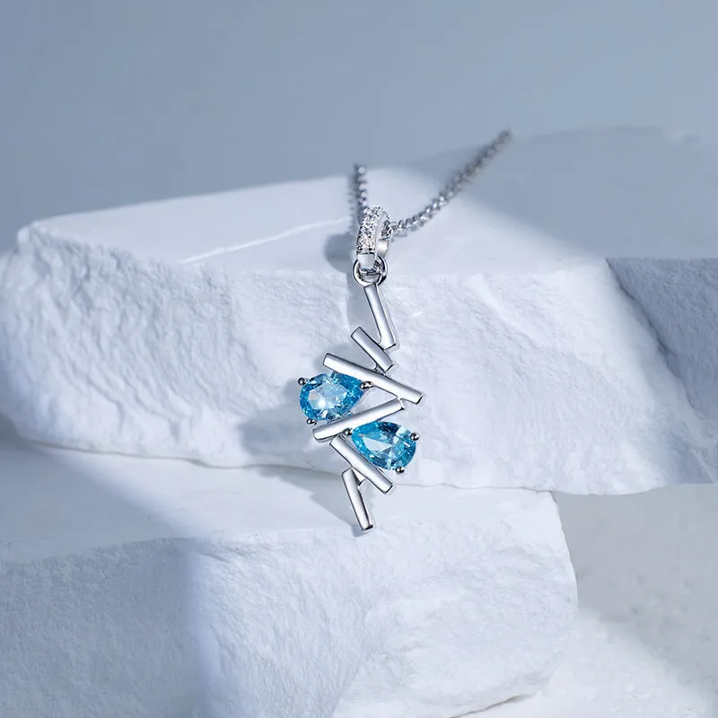 Double Pear Shape Sea Blue Zircon Geometric Line Pendant Sterling Silver Necklace