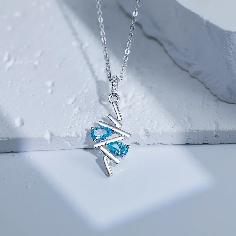 Double Pear Shape Sea Blue Zircon Geometric Line Pendant Sterling Silver Necklace