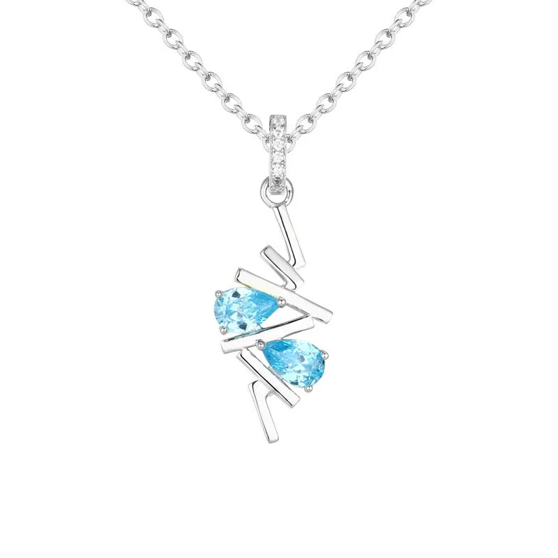 Double Pear Shape Sea Blue Zircon Geometric Line Pendant Sterling Silver Necklace