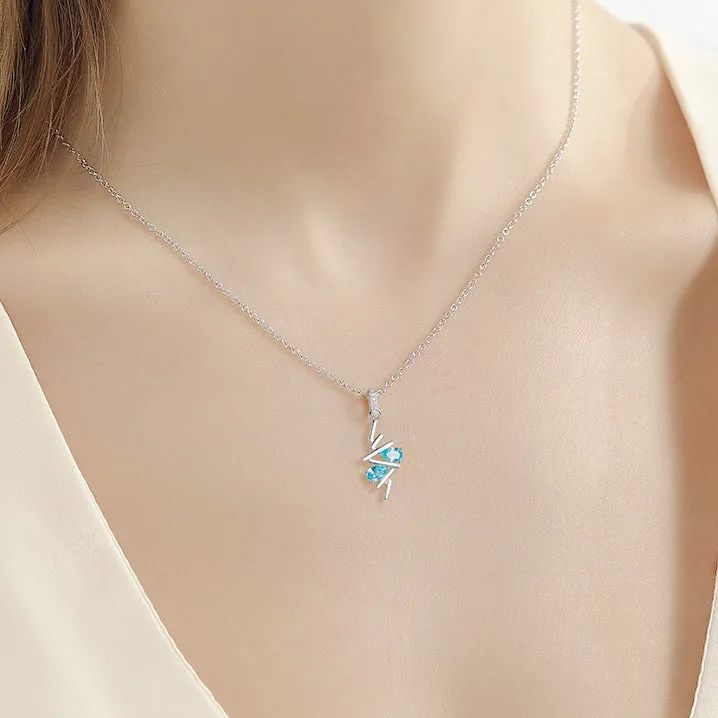 Double Pear Shape Sea Blue Zircon Geometric Line Pendant Sterling Silver Necklace