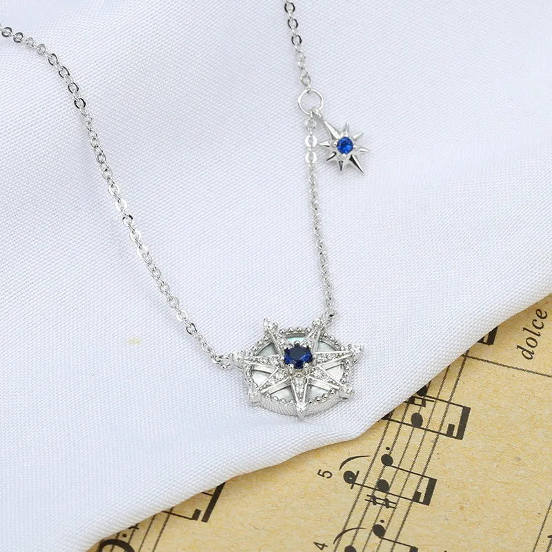 Eight-star Compass with Blue Zircon Silver Necklace for Women