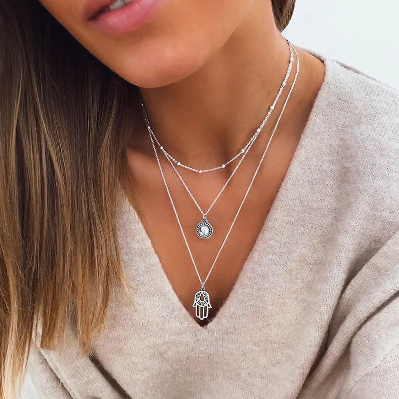 Elegant Graceful Gem Palm Twin Necklace Clavicle Chain