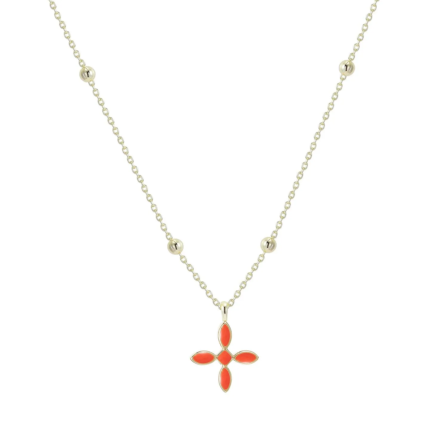 Enamel Cross Drop Necklace in Coral Enamel