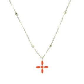 Enamel Cross Drop Necklace in Coral Enamel